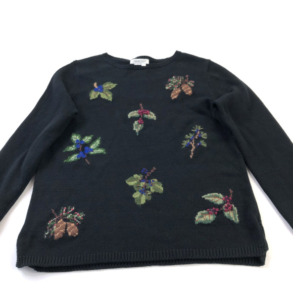 Coldwater Creek Sweaters - Coldwater Creek Medium Ramie Embroidered Holiday Leaf Pullover Sweater Black
